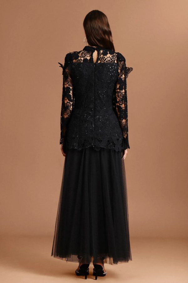 okama long sleeve folds lace butterfly top & skirt two piece set 16