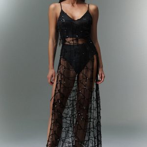panra sleeveless tassels sequin slit maxi dress 11