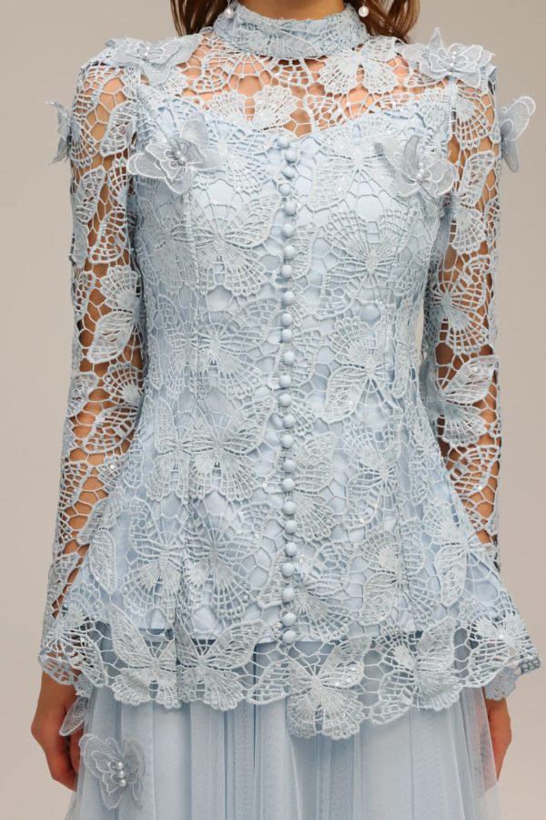 sabina long sleeve folds lace butterfly top & skirt two piece set 15