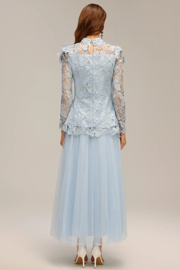 sabina long sleeve folds lace butterfly top & skirt two piece set 16