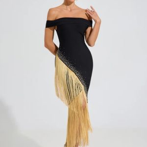 vanthe fringe elegance midi dress in black gold 11