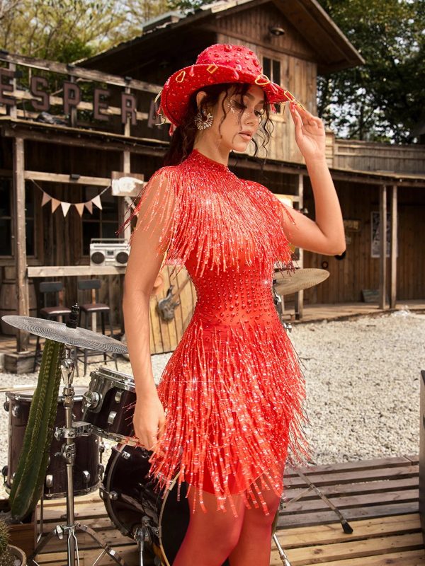 acrune fringe rhinestone glitter mini dress in red 15