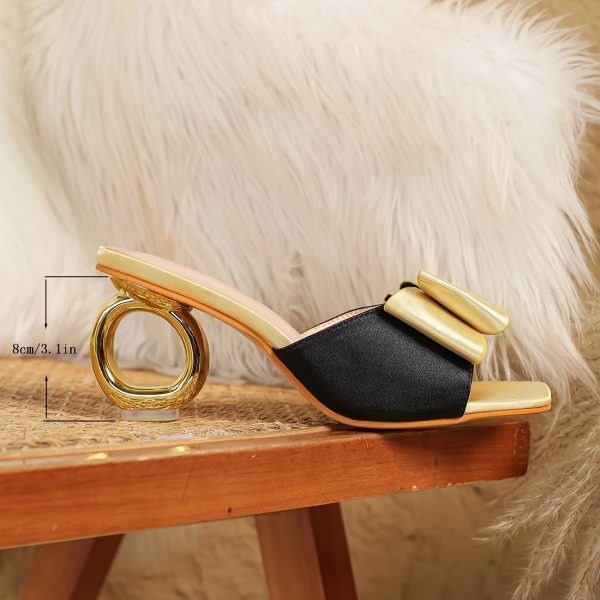 black & golden color block bow high heel sandals 15
