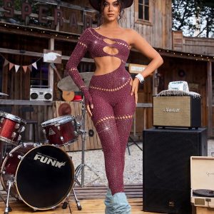 cierra one shoulder cutout jumpsuit in wine red 11