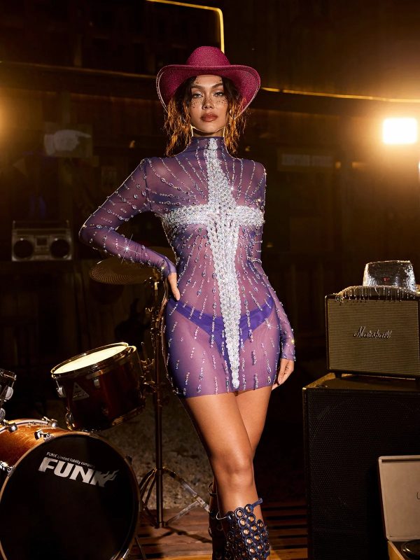 claret long sleeve diamond mesh mini dress 12