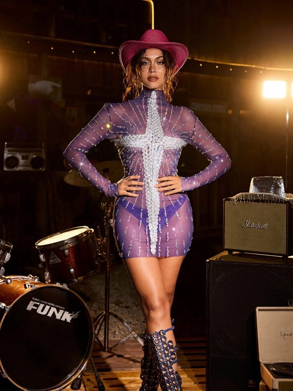 claret long sleeve diamond mesh mini dress 14
