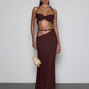 eryna halterneck ruched skirt set in coffee 11