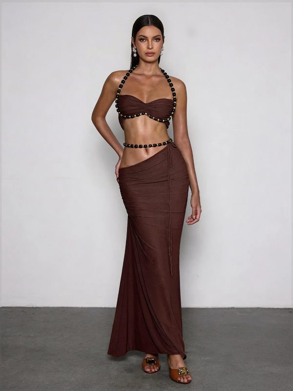 eryna halterneck ruched skirt set in coffee 12