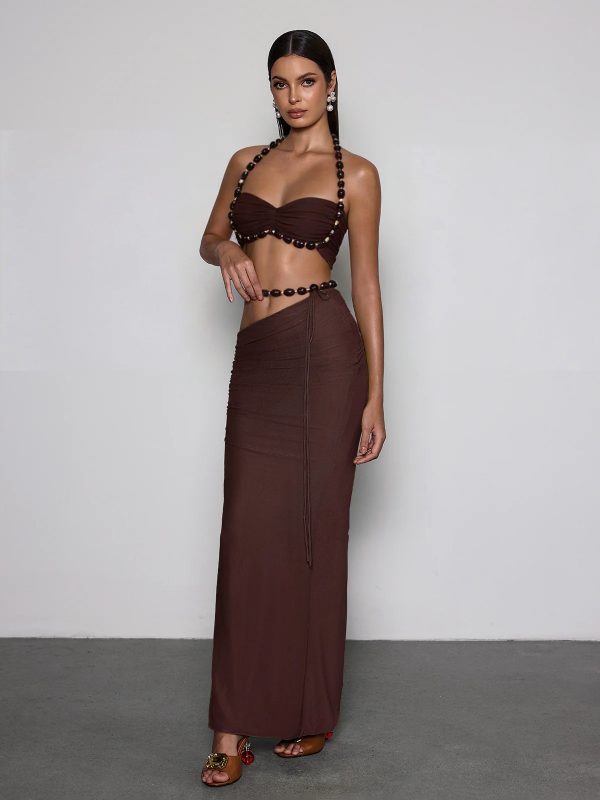 eryna halterneck ruched skirt set in coffee 14