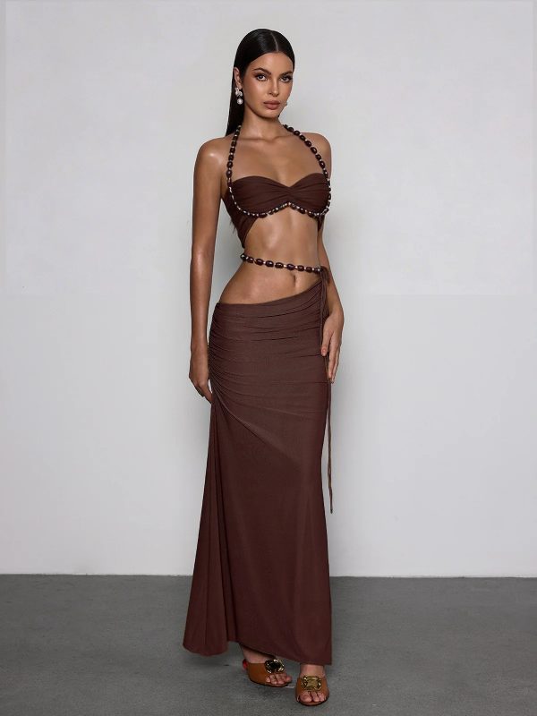 eryna halterneck ruched skirt set in coffee 15