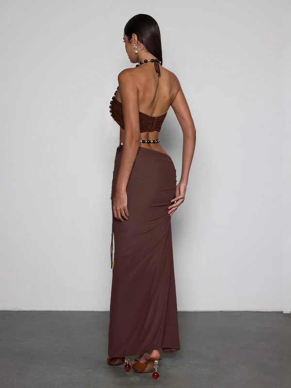 eryna halterneck ruched skirt set in coffee 16