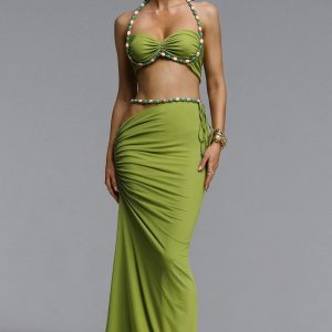 eryna halterneck ruched skirt set in green 17