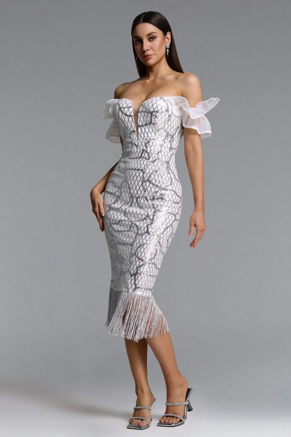 loyisa off shoulder sequin fringe midi dress 13