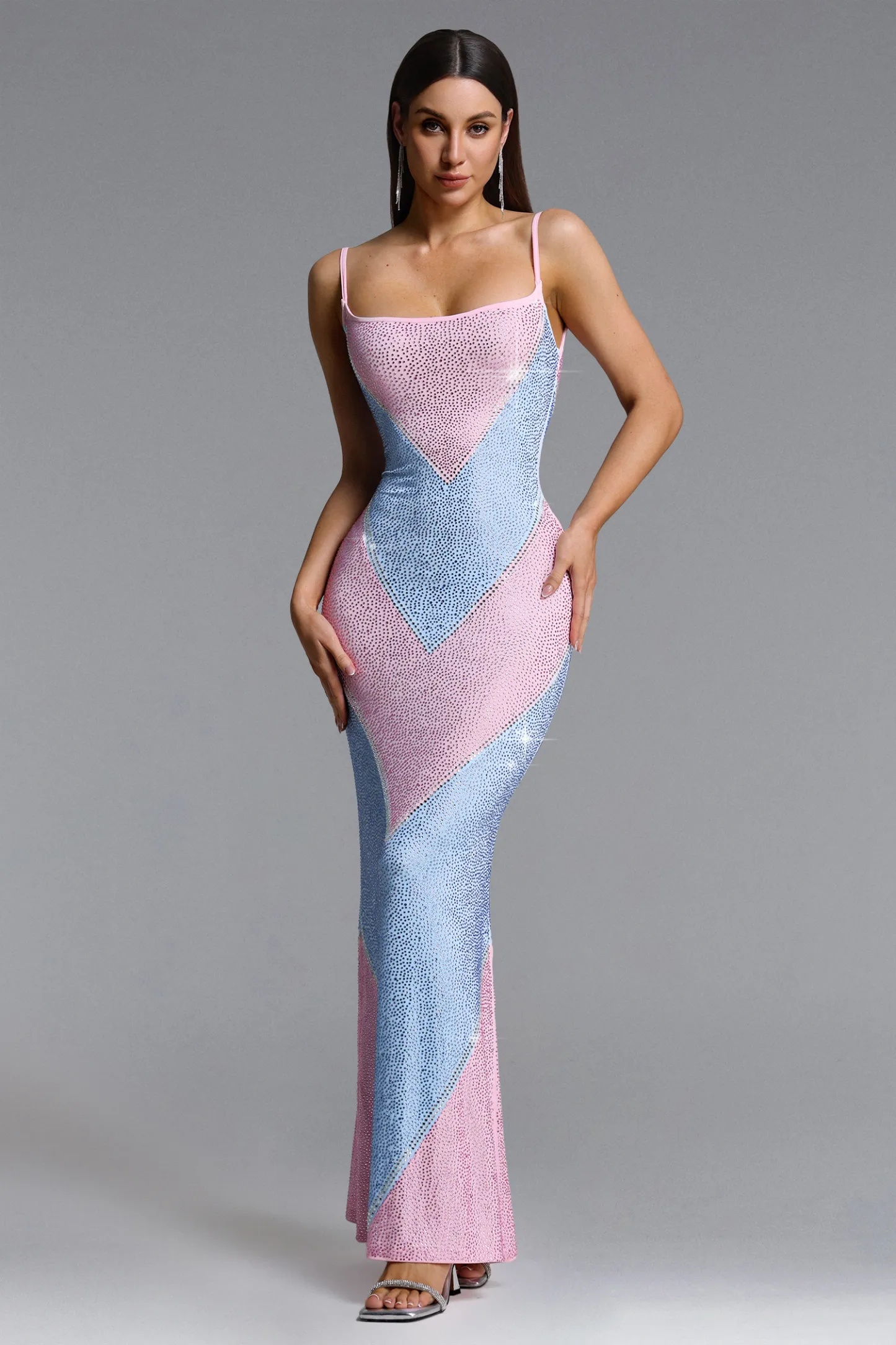 maoma sleeveless contrast crystal maxi dress in blue pink 11