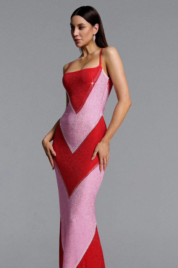 maoma sleeveless contrast crystal maxi dress in red pink 15