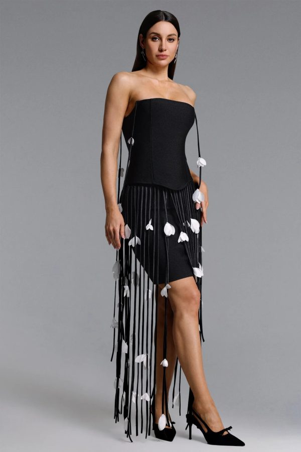 mikin strapless leaf fringe bandage dress in black 12