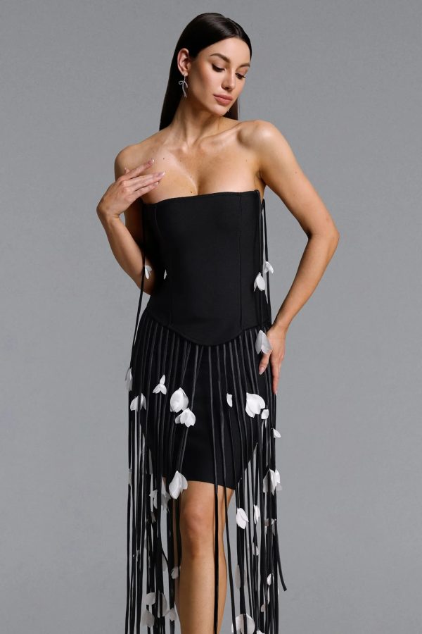 mikin strapless leaf fringe bandage dress in black 13