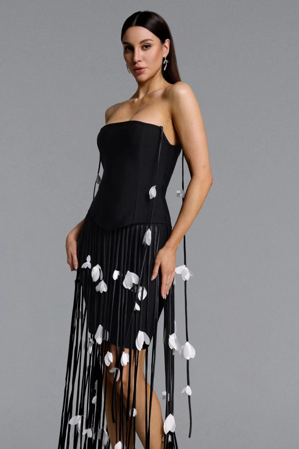 mikin strapless leaf fringe bandage dress in black 15