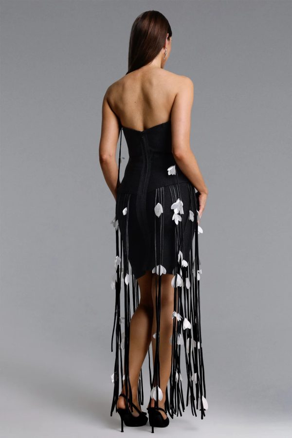 mikin strapless leaf fringe bandage dress in black 16