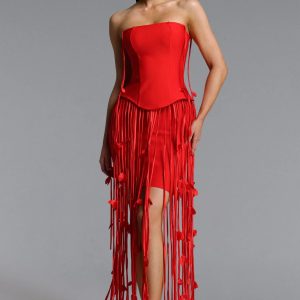 mikin strapless leaf fringe bandage dress in red 11