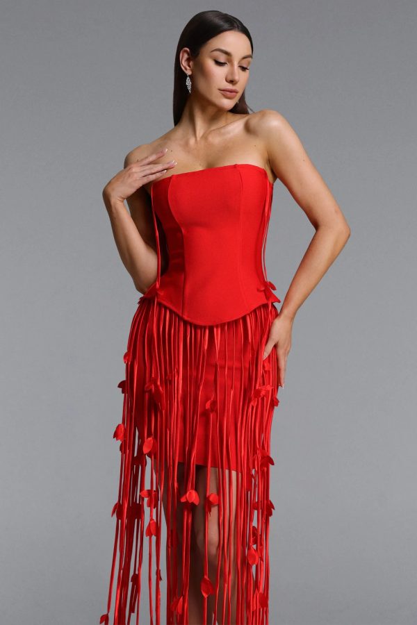 mikin strapless leaf fringe bandage dress in red 12