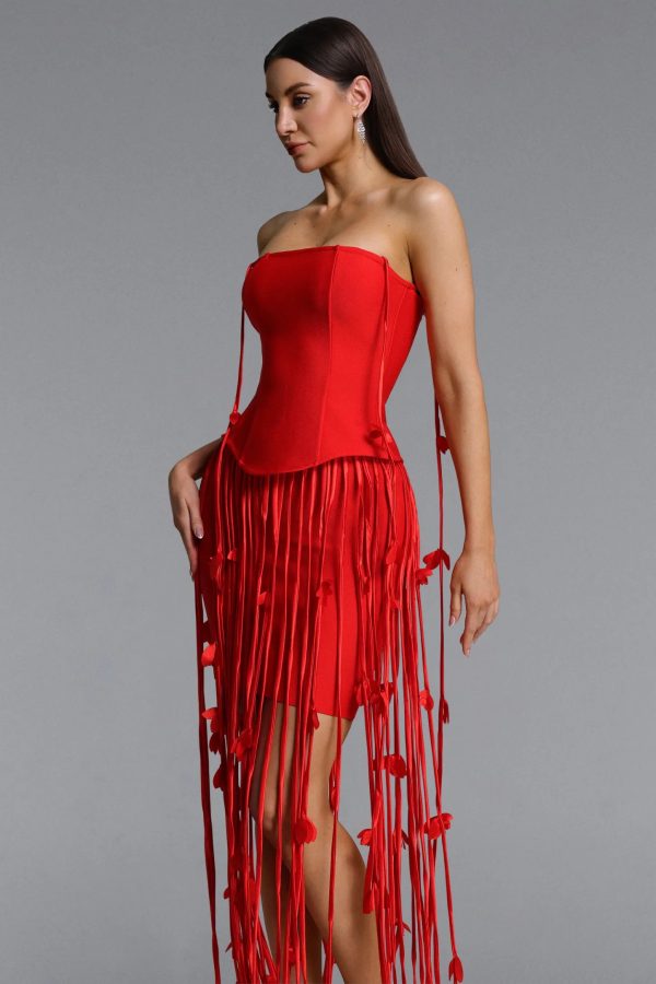 mikin strapless leaf fringe bandage dress in red 15