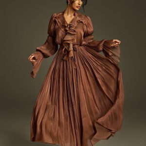 nereus v neck ruffle maxi dress in coffee 11