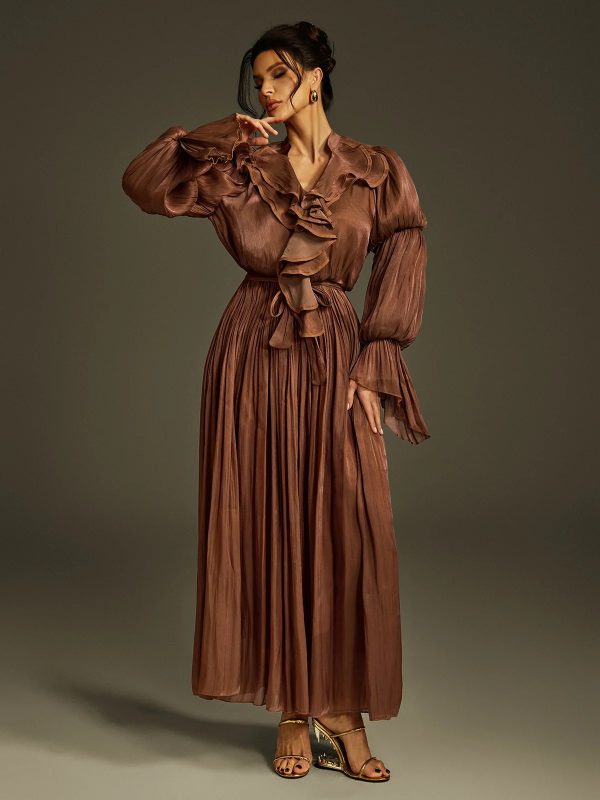 nereus v neck ruffle maxi dress in coffee 12