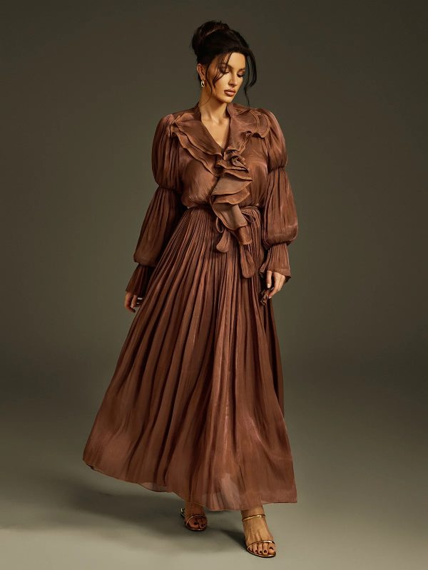 nereus v neck ruffle maxi dress in coffee 13
