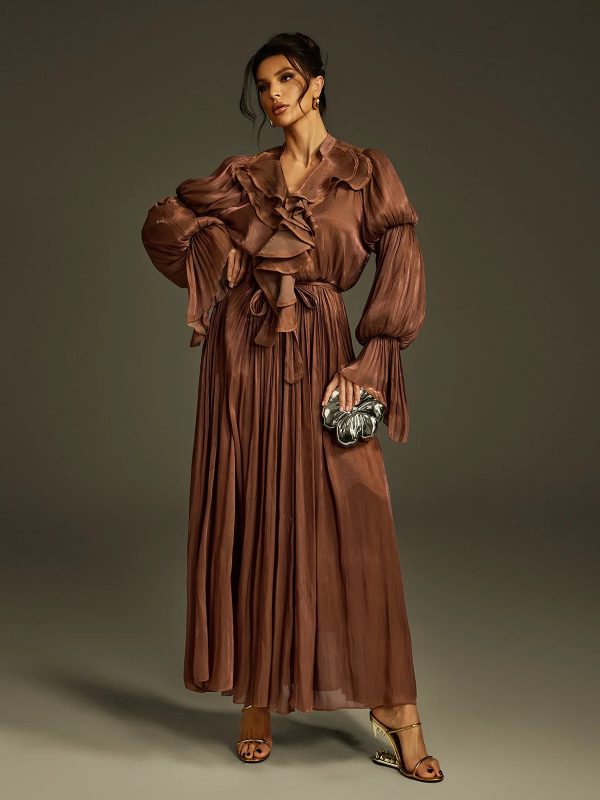 nereus v neck ruffle maxi dress in coffee 14