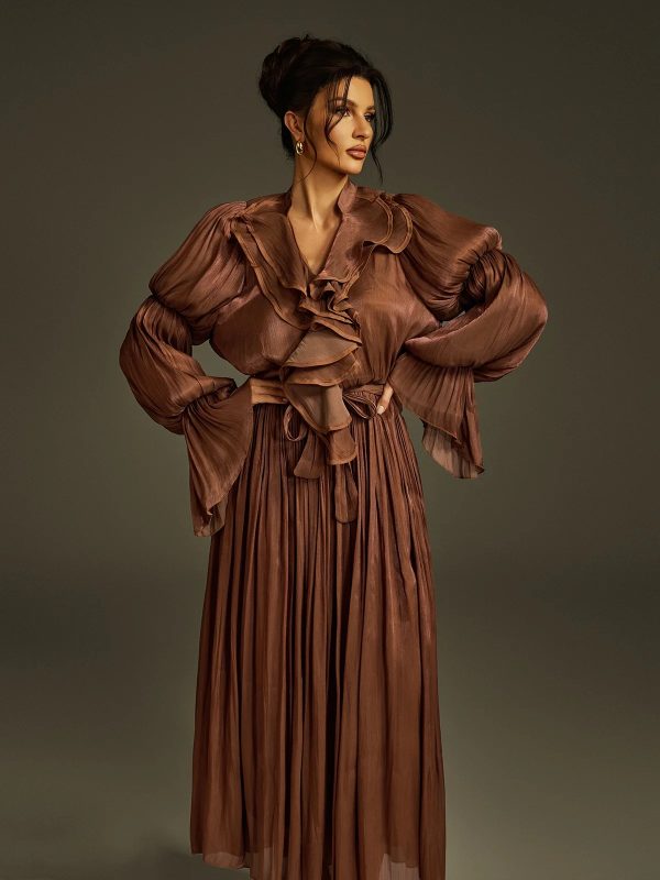 nereus v neck ruffle maxi dress in coffee 15