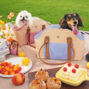portable faux woven water repellent pet carrier bag 11