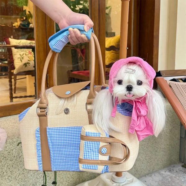 portable faux woven water repellent pet carrier bag 12