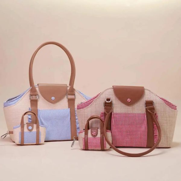 portable faux woven water repellent pet carrier bag 14
