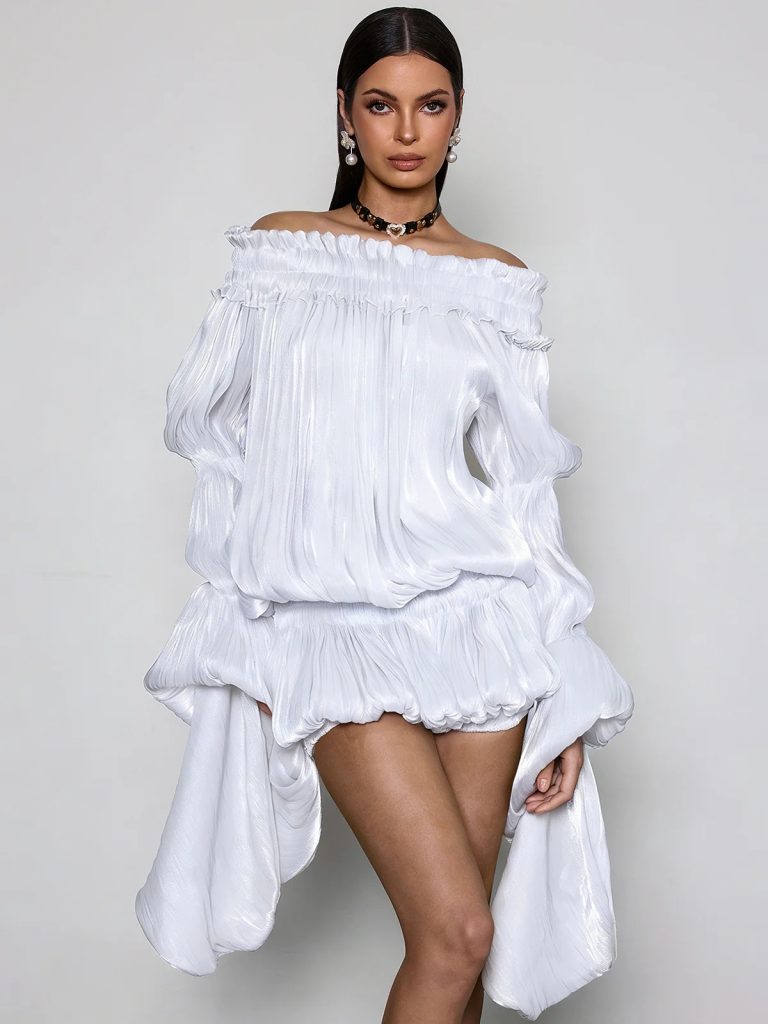 salyxen off shoulder ruched dress set in white 11