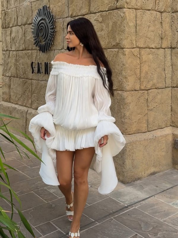 salyxen off shoulder ruched dress set in white 21
