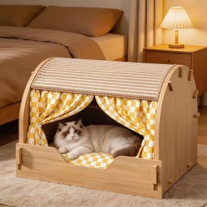 wooden semi enclosed cat house with scratching sisal roof 11