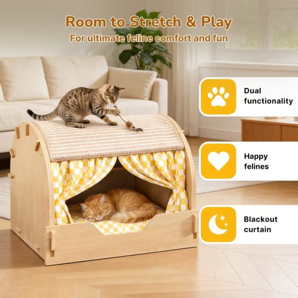 wooden semi enclosed cat house with scratching sisal roof 15