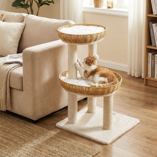 30 inch cat tree with 2 rattan cat baskets 12
