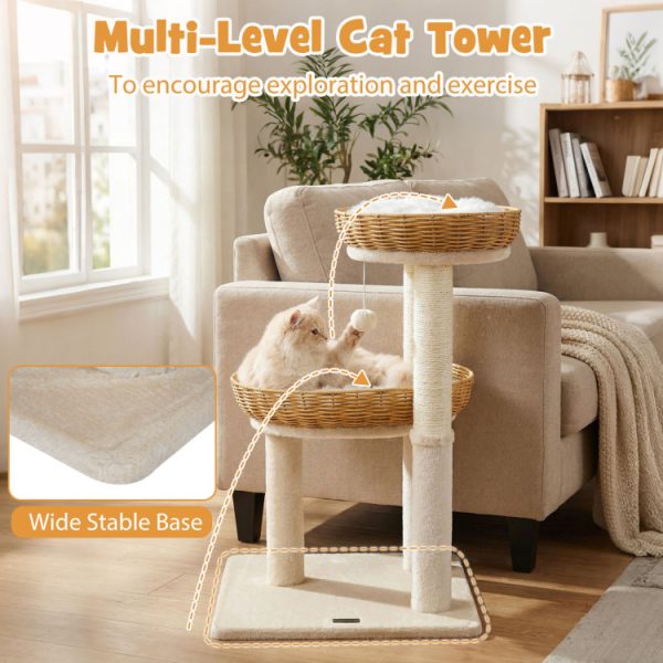 30 inch cat tree with 2 rattan cat baskets 14