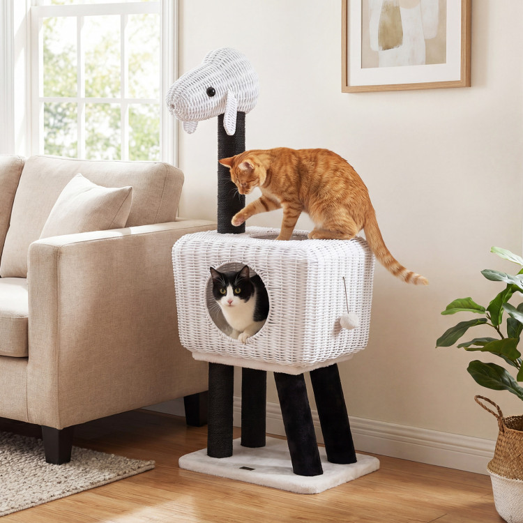 43 inch lamb shaped cat tree with 2 door rattan condo 11