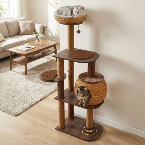 59.5 multi level cat tree with pe rattan cat condo & top perch 12