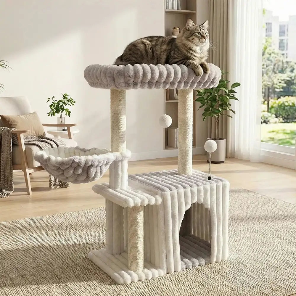 cozy fluffy one piece climbing frame cat scratching cat tree with condo 11