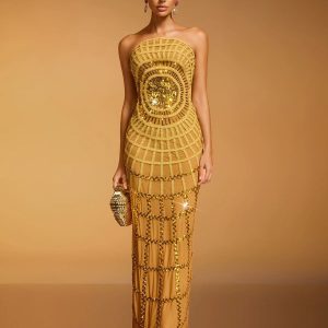 dolores strapless sequin maxi dress in gold 11