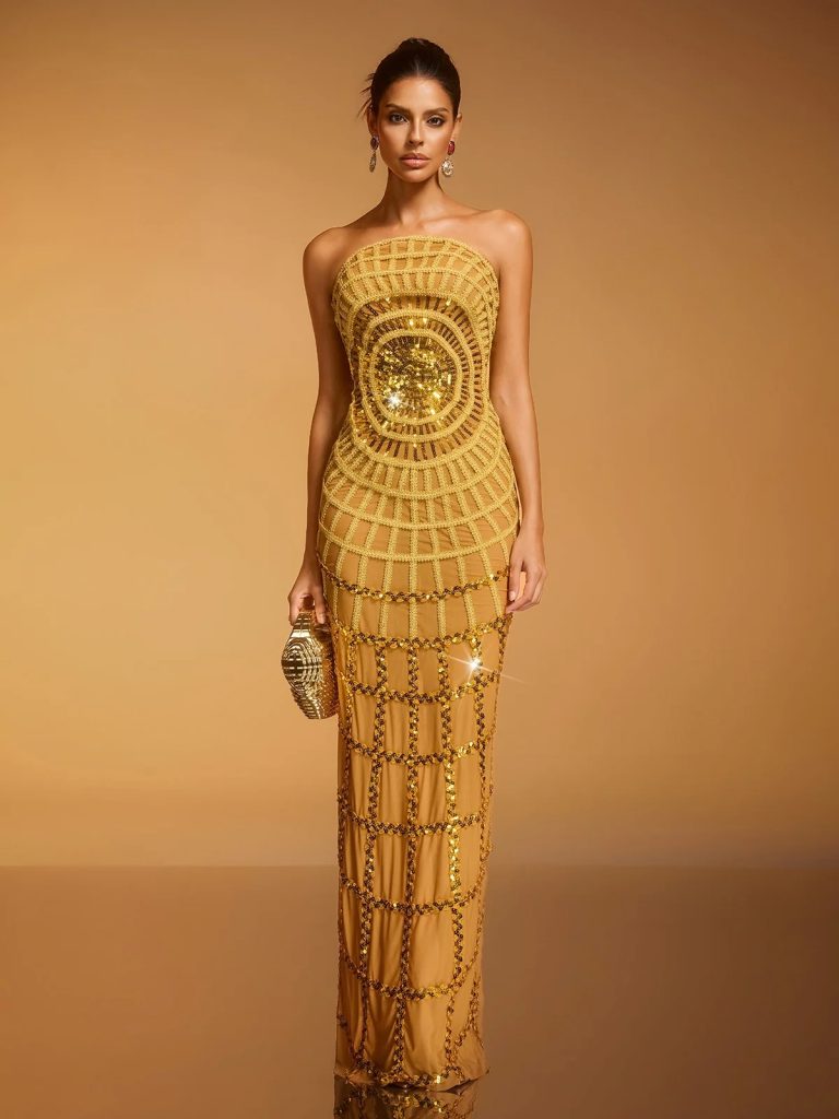 dolores strapless sequin maxi dress in gold 11