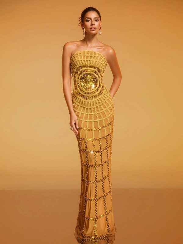 dolores strapless sequin maxi dress in gold 12