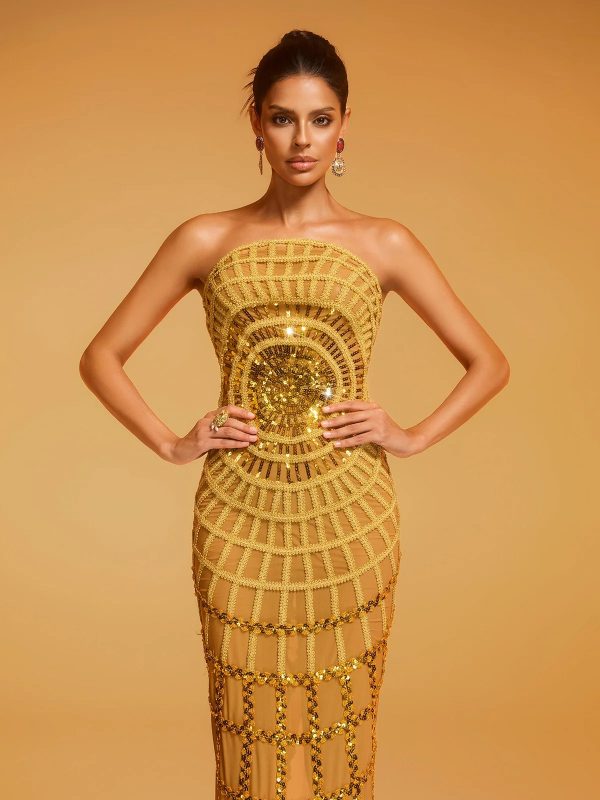 dolores strapless sequin maxi dress in gold 13