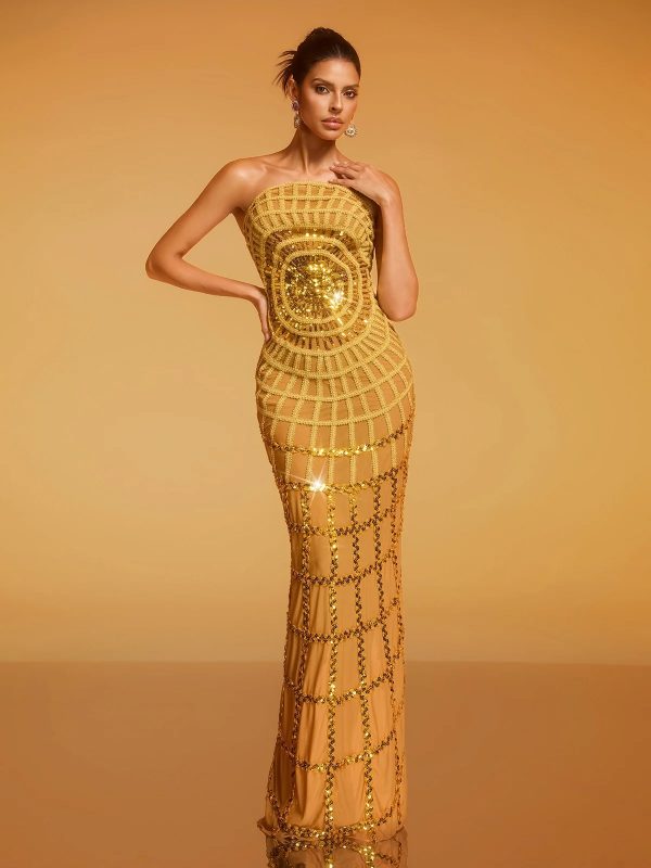 dolores strapless sequin maxi dress in gold 14