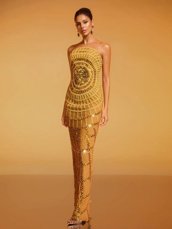 dolores strapless sequin maxi dress in gold 15