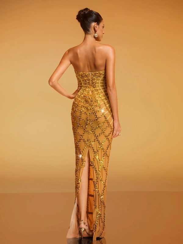 dolores strapless sequin maxi dress in gold 16